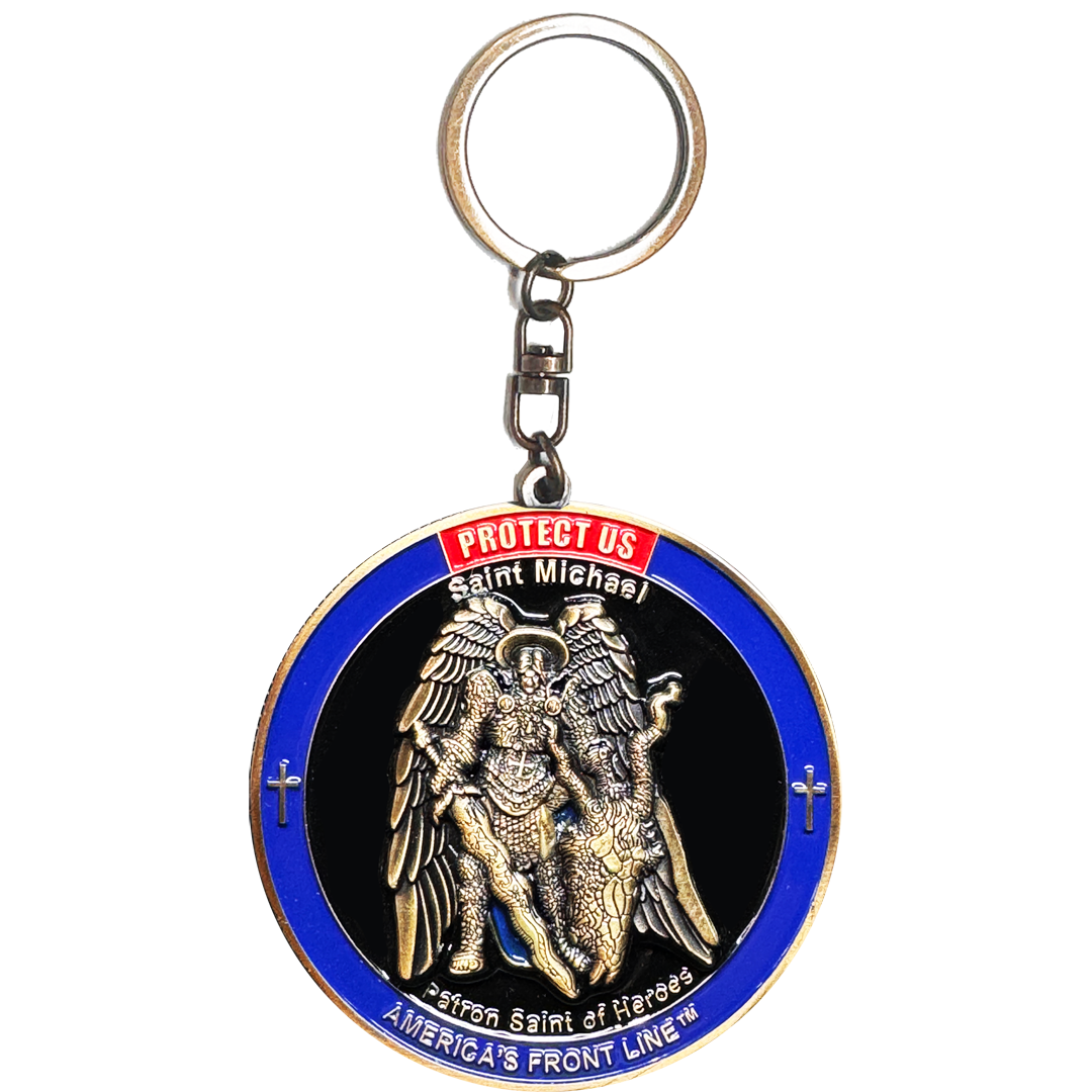 H-014 Hero's Courage Keychain Prayer Police Military Saint Michael Challenge Coin Thin Blue Line Thin Green Line