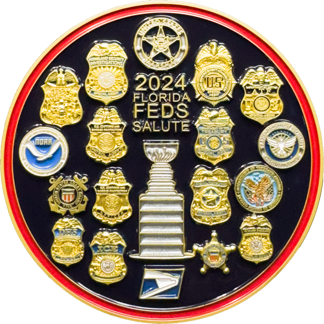 BL16-008 Florida Feds Salute Cup Champions Challenge Coin Secret Service FBI HSI US Marshal DEA ATF IRS TSA NOAA Postal Police CBP ICE FAM VA Coast Guard Border Patrol FPS