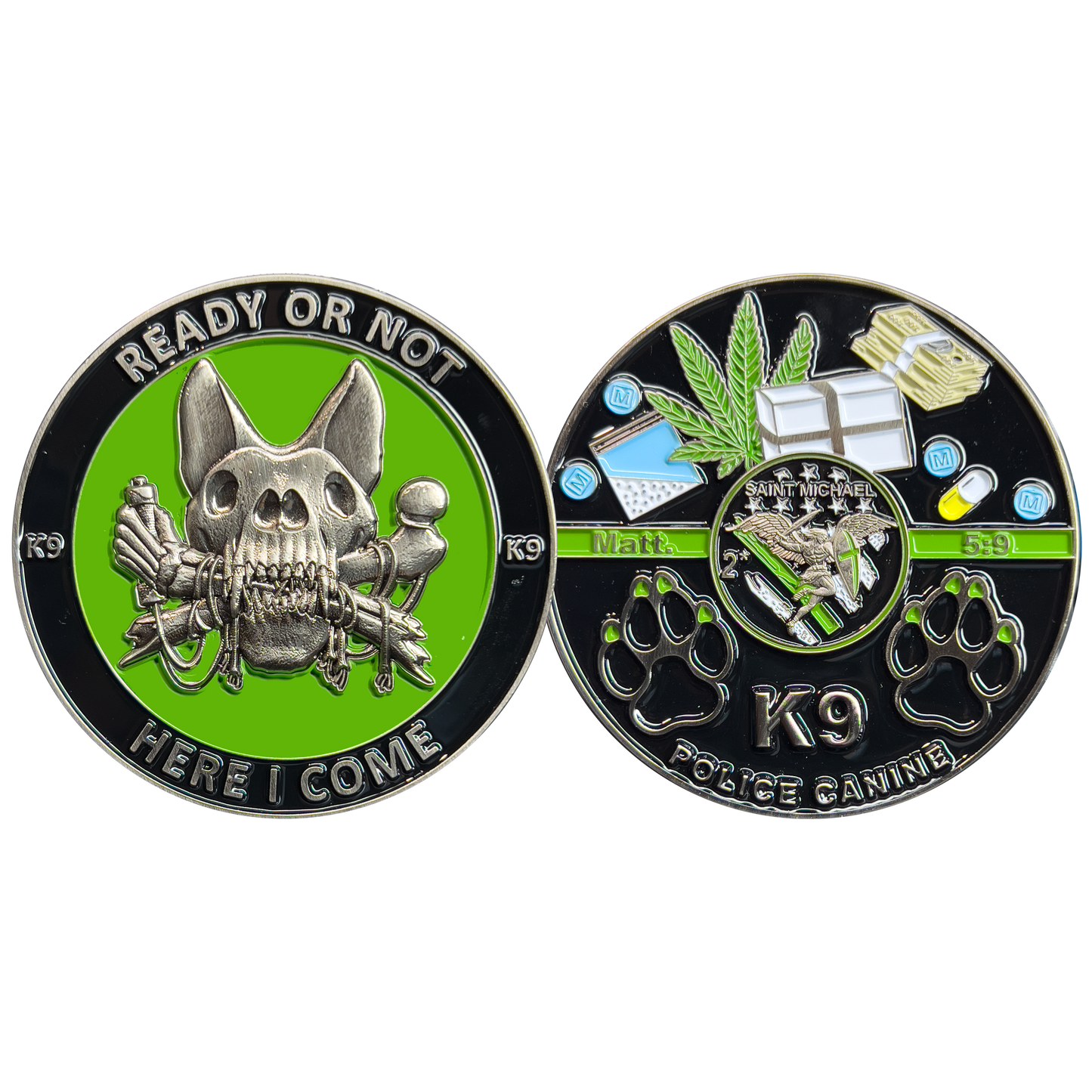 BL6-007 Border Patrol K9 Challenge Coin Canine Unit Saint Michael Thin Green Line Prayer Paw Prints