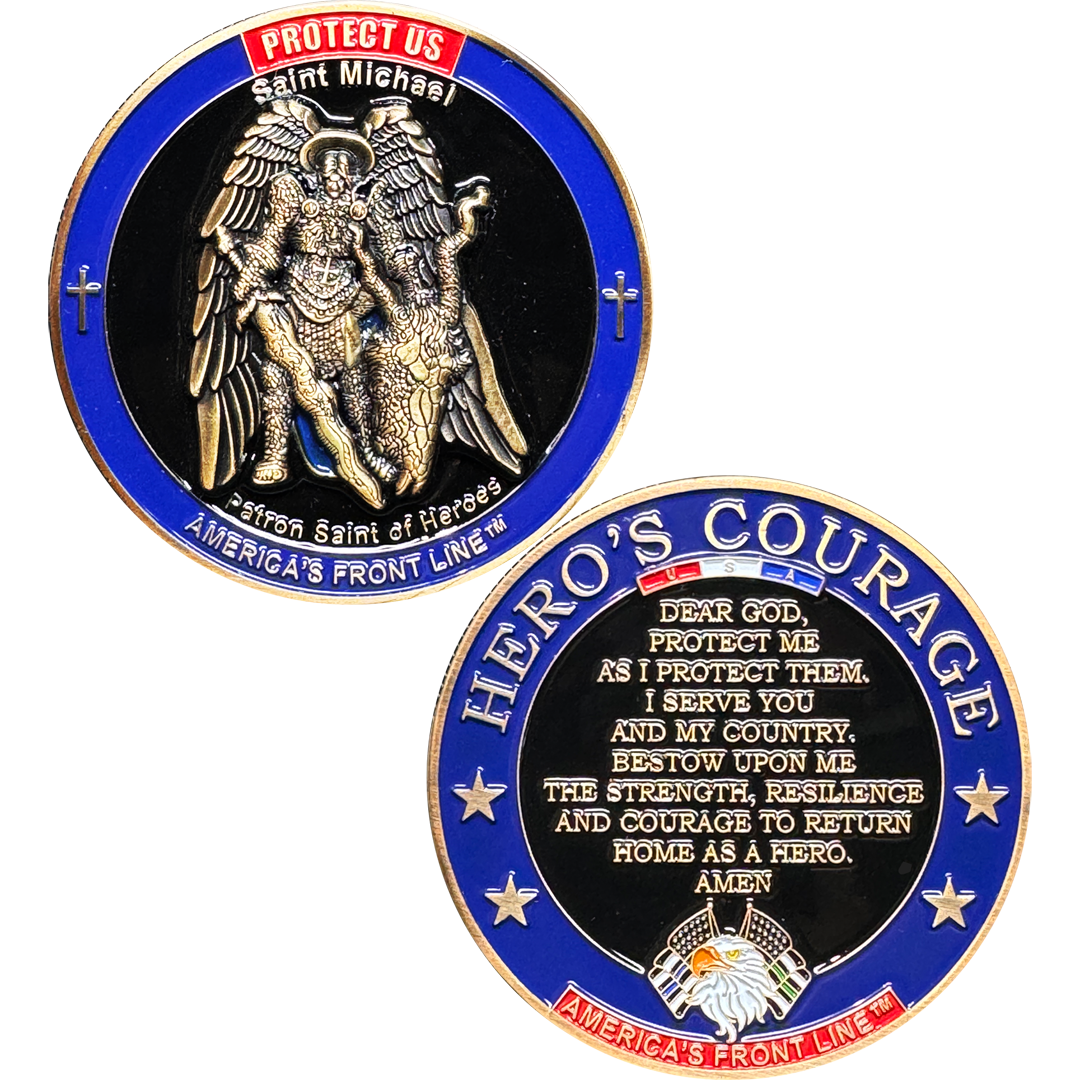 BL3-022 Hero's Courage Prayer Police Military Saint Michael Challenge Coin Thin Blue Line Thin Green Line