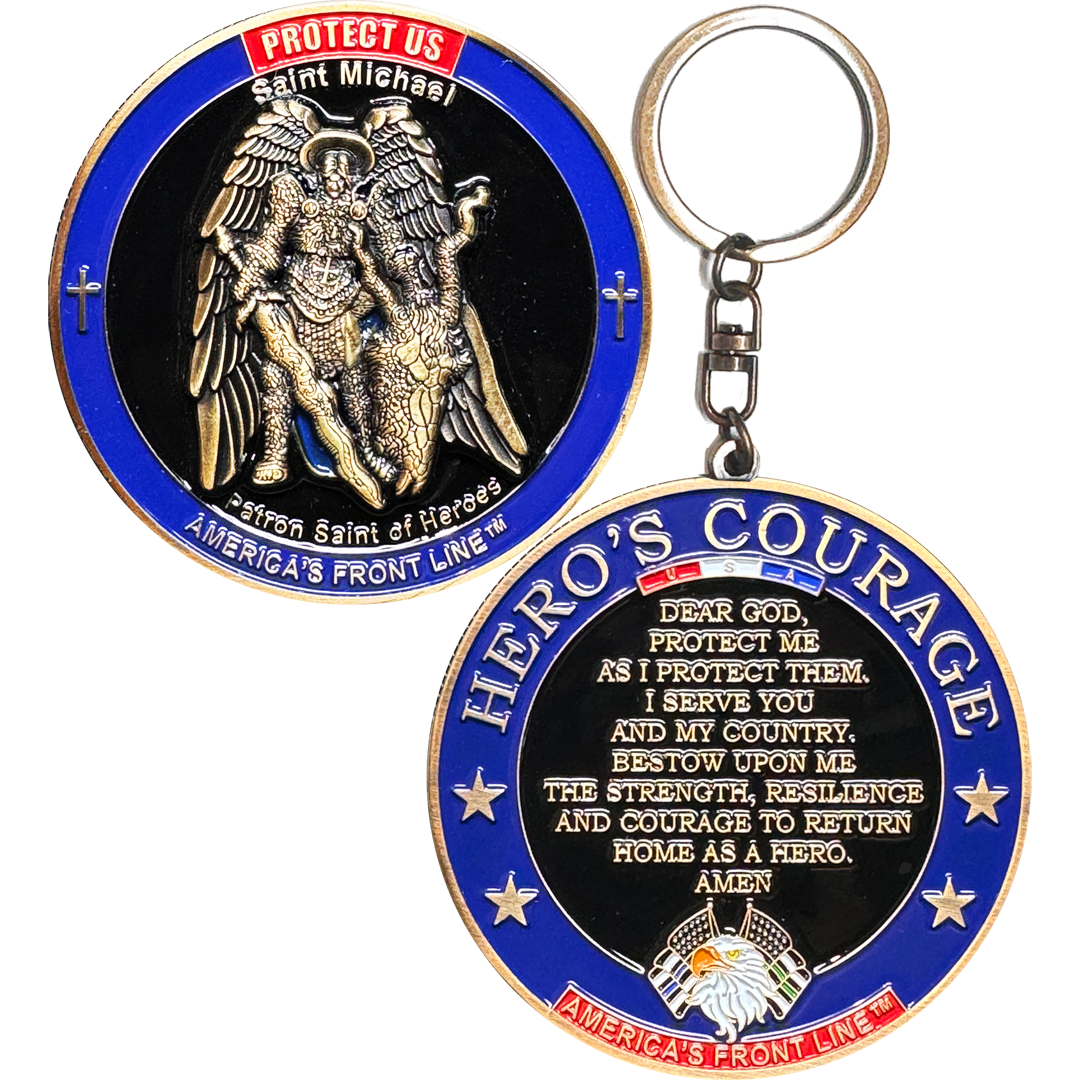 H-014 Hero's Courage Keychain Prayer Police Military Saint Michael Challenge Coin Thin Blue Line Thin Green Line