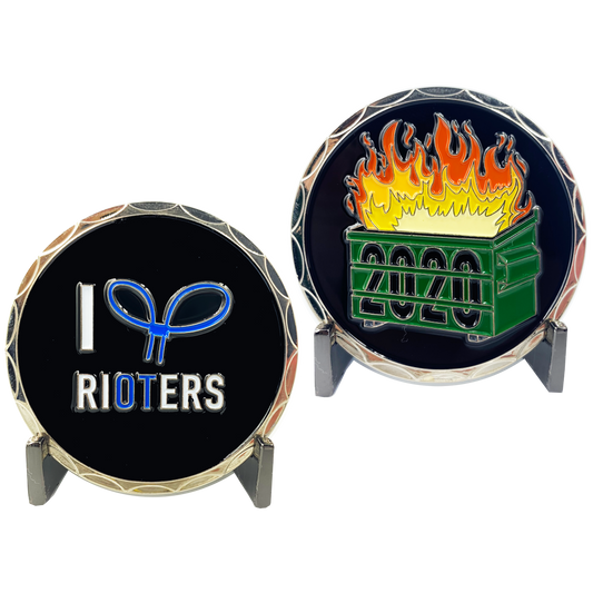 DL2-04 I Love Rioters 2020 Dumpster Fire Handcuff Zip Ties Police Thin Blue Line Overtime Challenge Coin