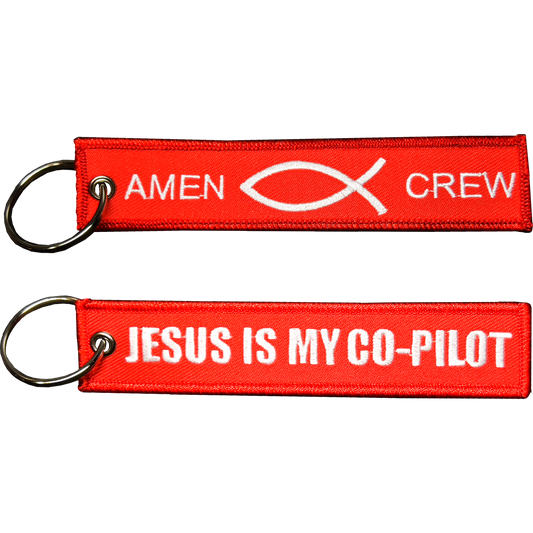 EL11-021 Jesus is my Co-Pilot Amen CREW Keychain or Luggage Tag or zipper pull Fish Spirit