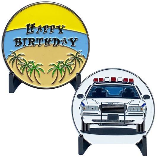 EL11-007 Happy Birthday Police Officer Challenge Coin Car Palm Tree Beach Gift Thin Blue Line