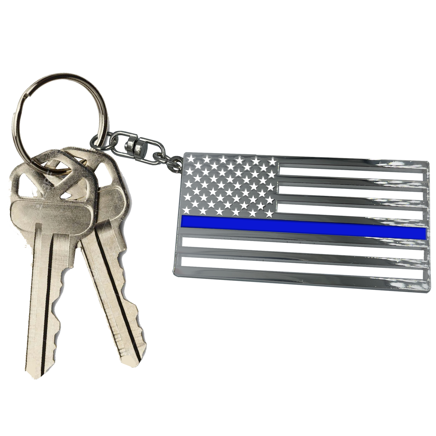 BL5-019 Thin Blue Line Police American Flag die-cut chrome challenge coin keychain with swivel and 1" keyring