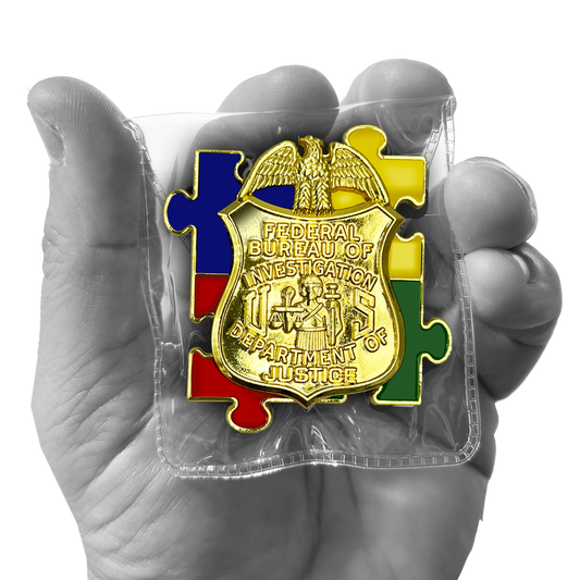 DL3-14 FBI Special Agent Intel Analyst Investigator Autism Awareness Month lapel pin puzzle pieces display like a challenge coin