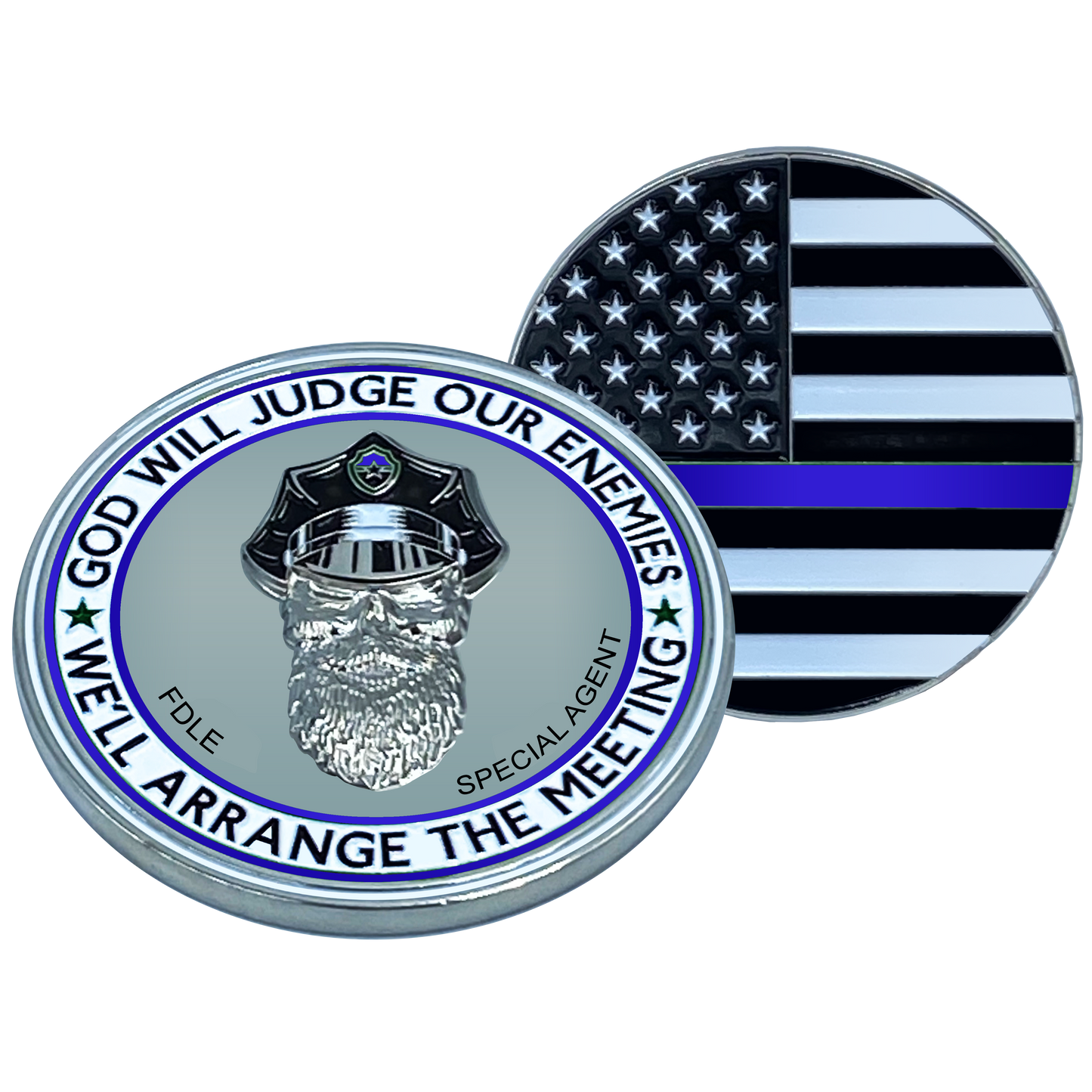 BL13-018 Thin Blue Line FDLE God Will Judge BEARD GANG SKULL Challenge Coin Special Agent Back the Blue