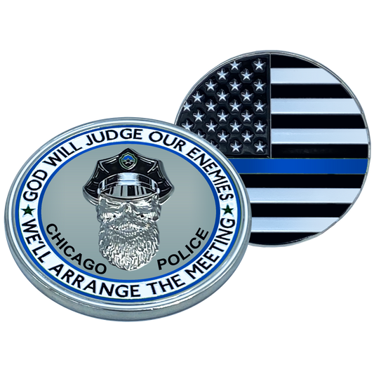 EL1-004 Thin Blue Line Chicago Police God Will Judge BEARD GANG SKULL Challenge Coin CPD Police Department Back the Blue