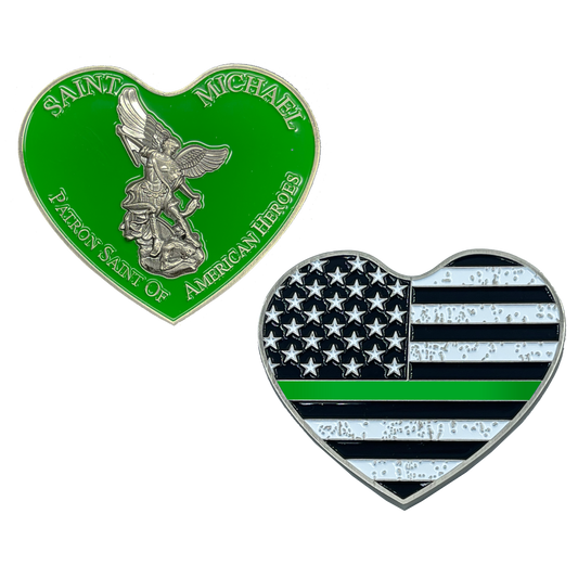 EL5-003 Thin GREEN Line St. Michael  Heart Love Prayer Patron Saint of American Heroes Army Marines Deputy Sheriff CBP Border Patrol Agent