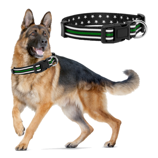 discontinued BL9-016 Thin Green Line with stars Dog Collar Back The Blue K9 Partner Canine Flag Border Patrol Deputy Sheriff Army Marines