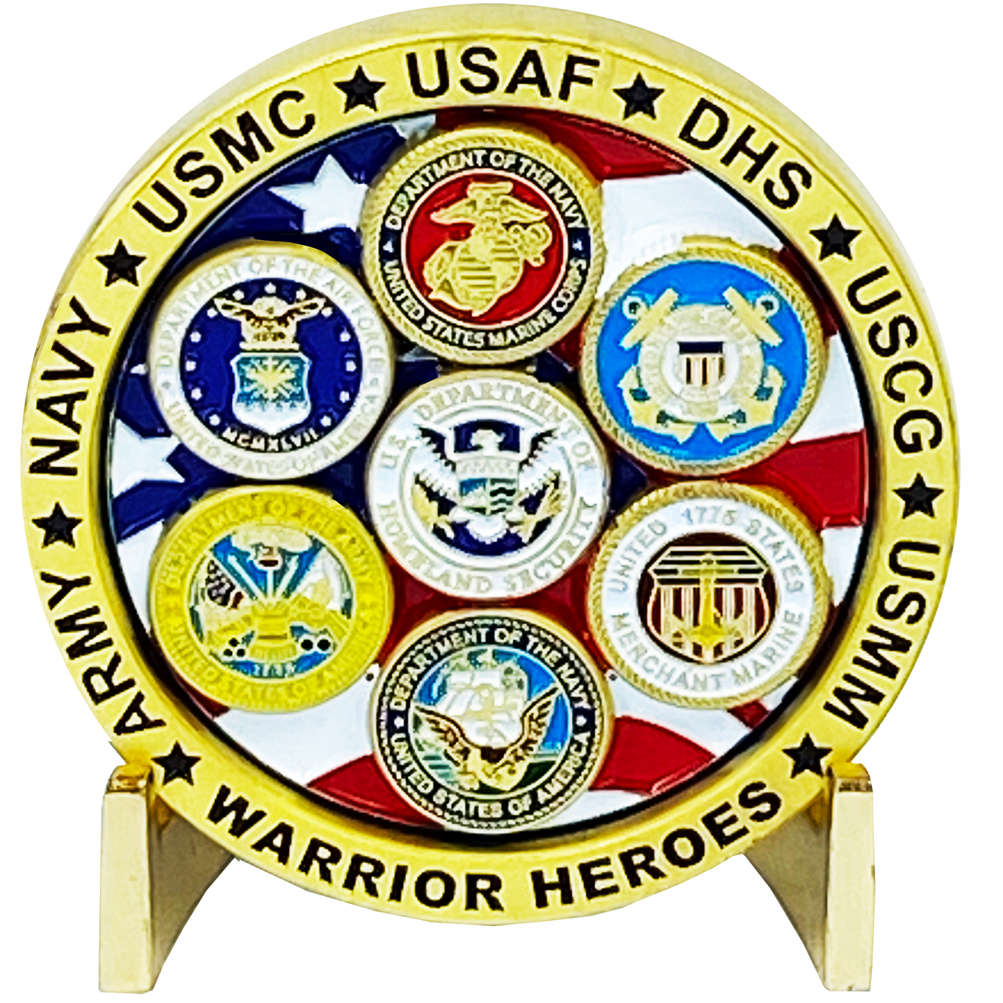 DL3-08 Military Warrior Heroes Challenge Coin Navy Air Force Marine Corps. Army Coast Guard Homeland Merchant Marines Veteran