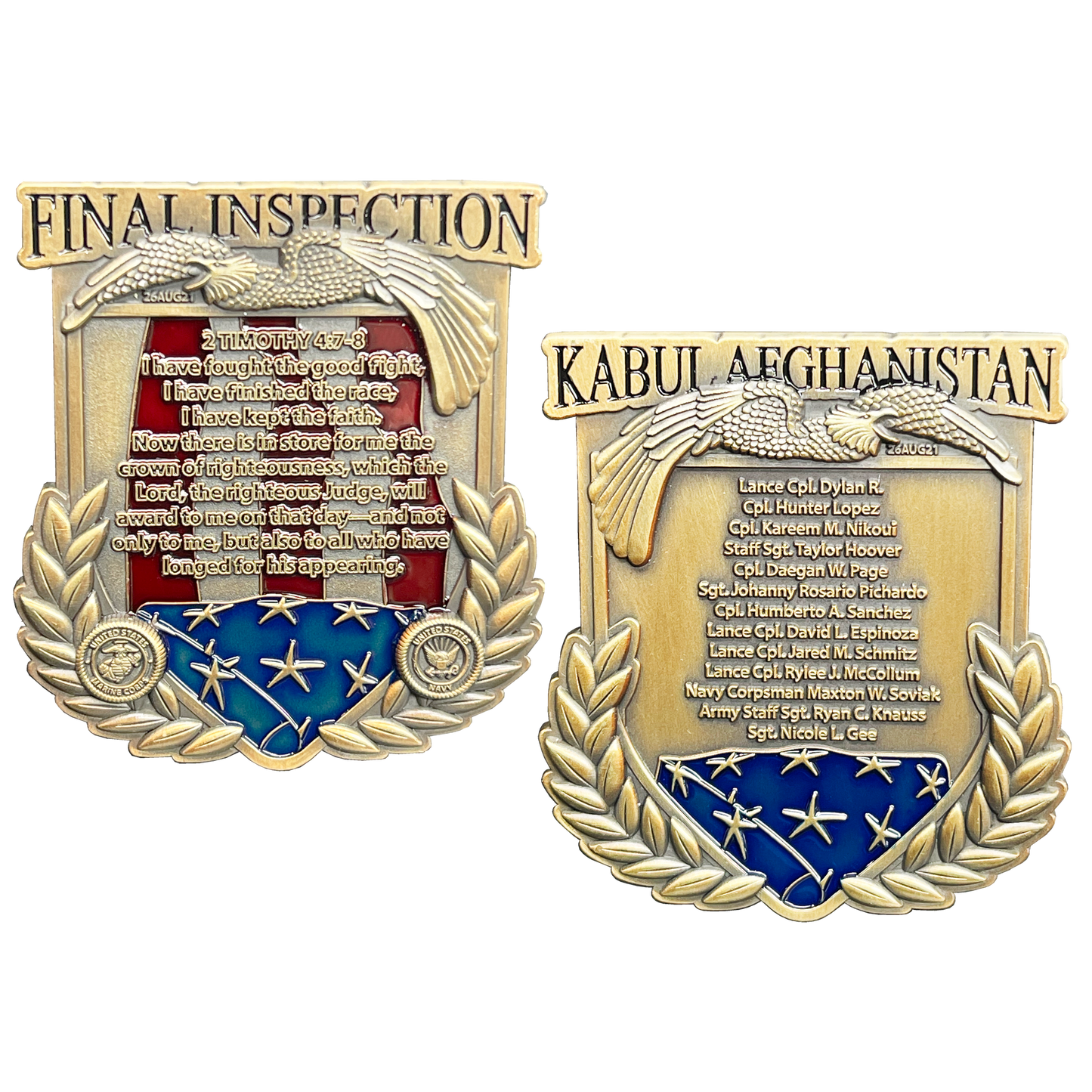 BL17-012 Kabul Afghanistan Final Inspection Memorial Challenge Coin Marines Navy August 26 2021 13 Soldiers