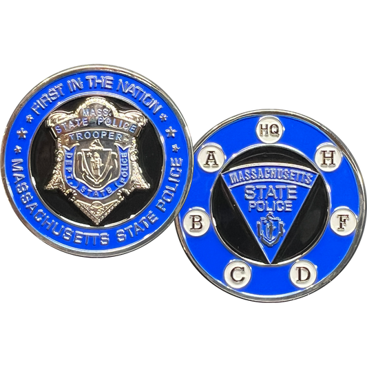 GL4-010 Massachusetts State Police MSP Trooper First in the Nation Challenge Coin Mass Troop A H B C D F HQ