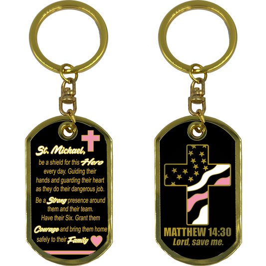 GL5-008 Breast Cancer Awareness Survivor Prayer Saint Michael Corrections Protect Us Matthew 14:30 Challenge Coin Dog Tag Keychain Thin Pink Line