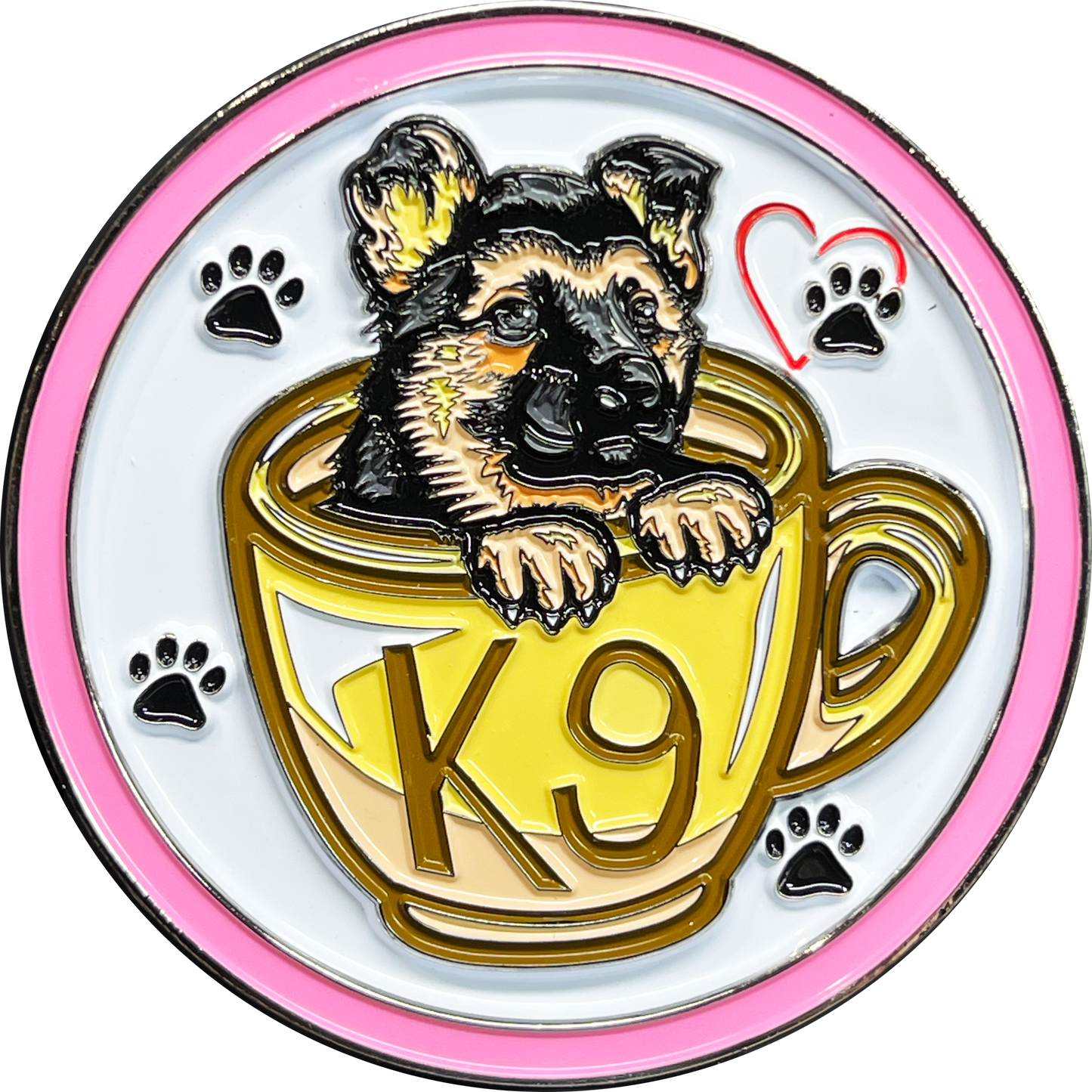 BL14-004 Cute PINK K9 Puppy in coffee mug canine challenge coin police service dog handler
