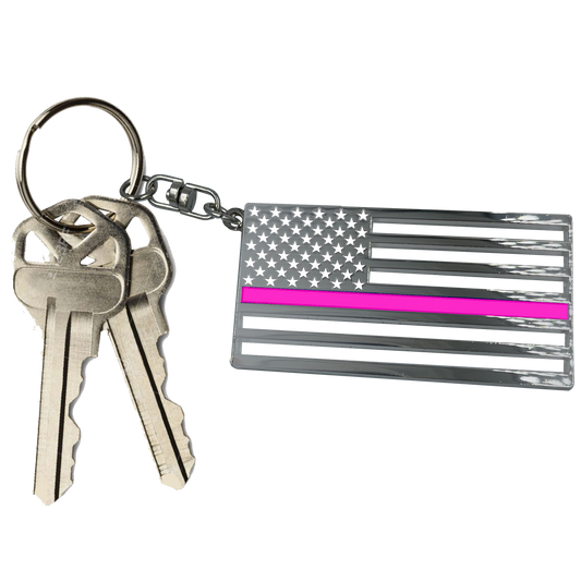 BL8-018 Thin Pink Line Breast Cancer Awareness American Flag die-cut chrome challenge coin keychain with swivel and 1" keyring