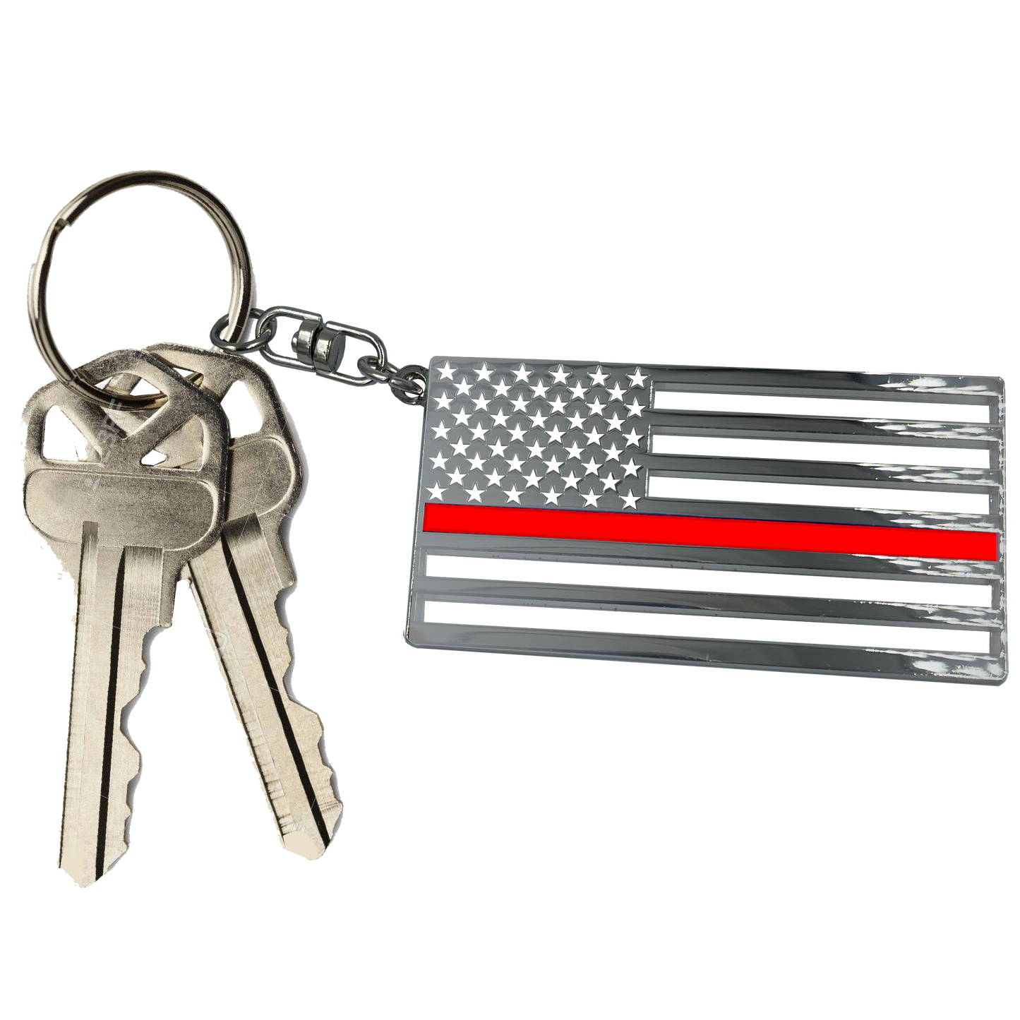 BL8-019 Thin Red Line Fire Department Firefighter American Flag die-cut chrome challenge coin keychain with swivel and 1" keyring Fire Fighter