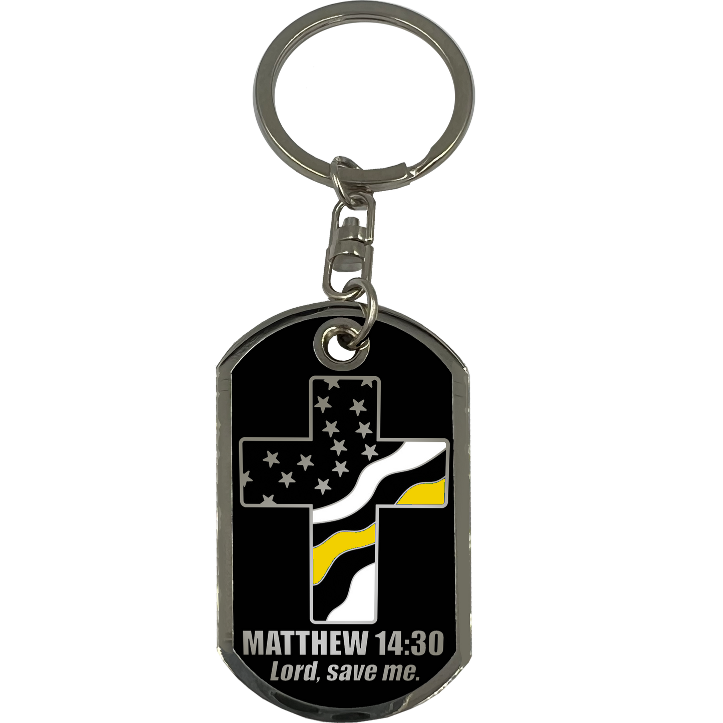 GL6-007 911 Emergency Police Dispatcher Thin Yellow Line Prayer Saint Michael Corrections Protect Us Matthew 14:30 Challenge Coin Dog Tag Keychain Thin Gold Line