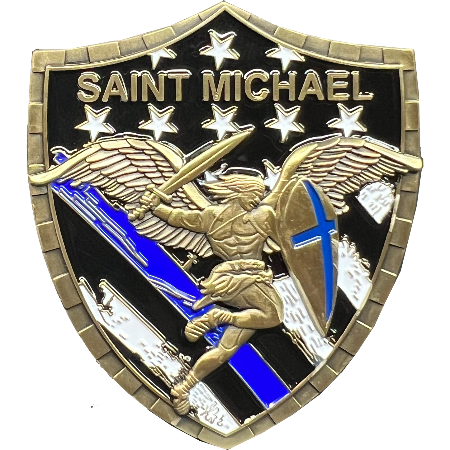 GL5-004 Police Saint Michael Gladiator Shield Thin Blue Line Flag Challenge Coin LAPD NYPD CPD CBP BI ATF