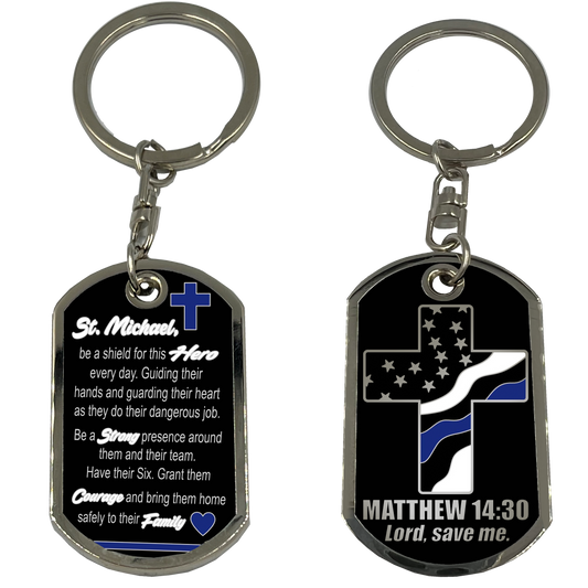 GL5-005 Police Officer Prayer Saint Michael Protect Us Matthew 14:30 Challenge Coin Dog Tag Keychain Thin Blue Line