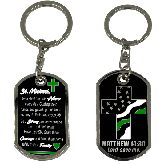 GL5-006 Border Patrol Agent or Sheriff Deputy Prayer Saint Michael Protect Us Matthew 14:30 Challenge Coin Dog Tag Keychain Thin Green Line